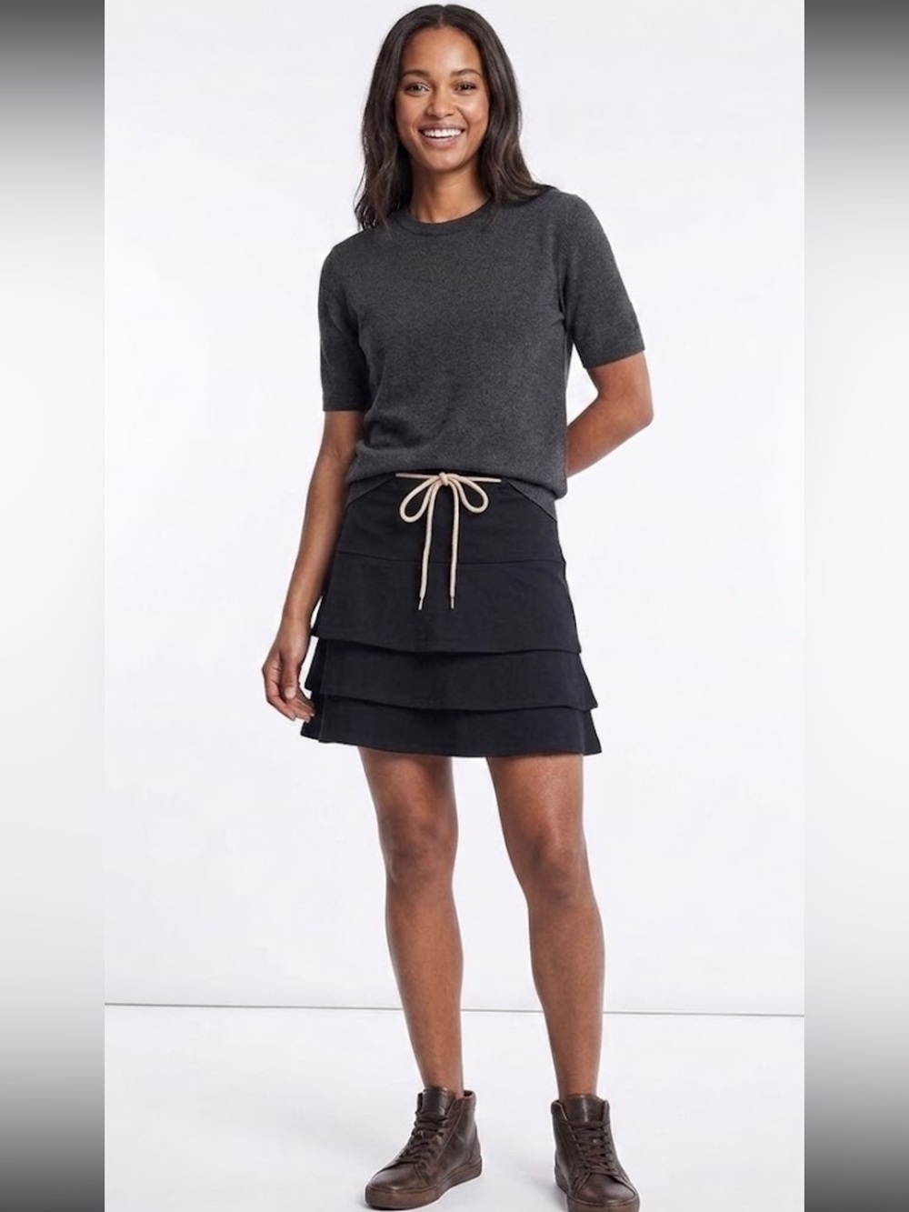 Ann Taylor Navy Tiered A-Line Skirt with Cream Rope Tie